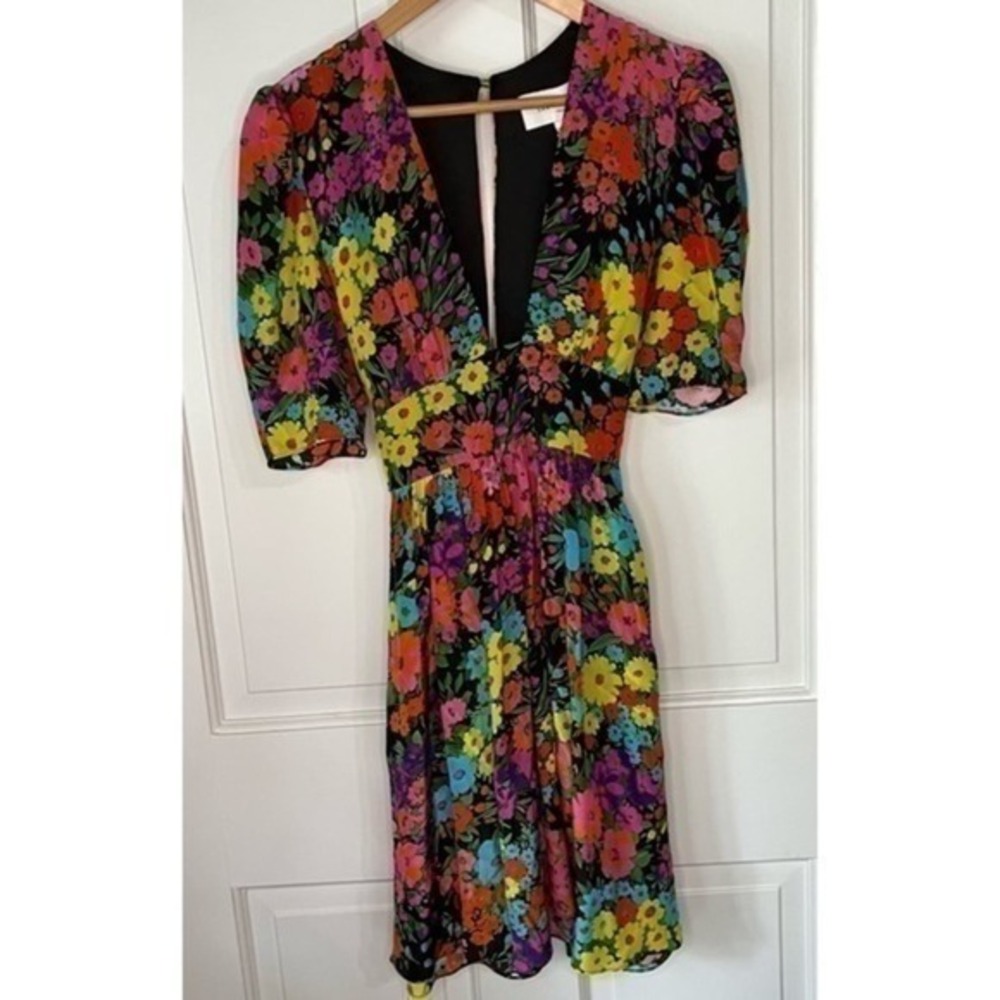 Les Reveries Kaleidoscope Black Multicolor Floral V-Neck Gigi Mini Dress 8 NWT‎